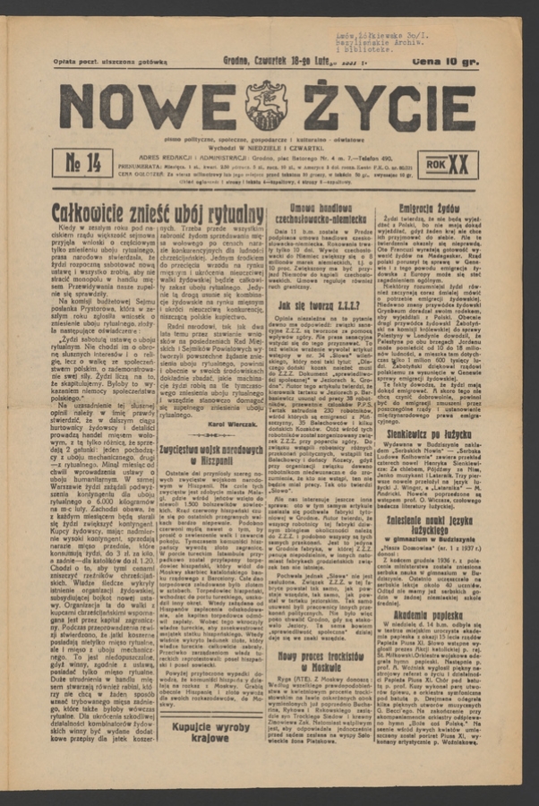 Nowe Życie&nbsp;: pismo polityczne, społeczne, gospodarcze i&nbsp;kulturalno-oświatowe. Rok&nbsp;20, 1937, numero&nbsp;14