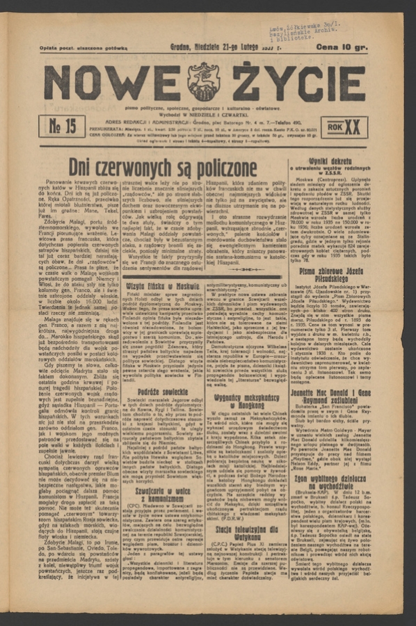 Nowe Życie&nbsp;: pismo polityczne, społeczne, gospodarcze i&nbsp;kulturalno-oświatowe. Rok&nbsp;20, 1937, numero&nbsp;15