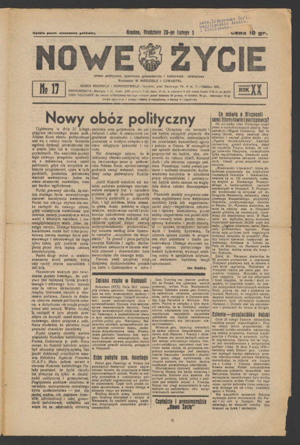 Nowe Życie&nbsp;: pismo polityczne, społeczne, gospodarcze i&nbsp;kulturalno-oświatowe. Rok&nbsp;20, 1937, numero&nbsp;17