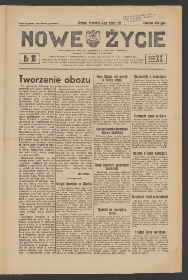 Nowe Życie&nbsp;: pismo polityczne, społeczne, gospodarcze i&nbsp;kulturalno-oświatowe. Rok&nbsp;20, 1937, numero&nbsp;18