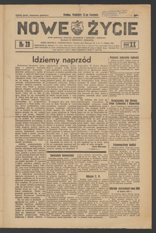 Nowe Życie&nbsp;: pismo polityczne, społeczne, gospodarcze i&nbsp;kulturalno-oświatowe. Rok&nbsp;20, 1937, numero&nbsp;28