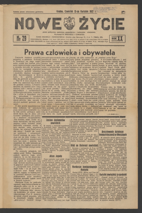 Nowe Życie&nbsp;: pismo polityczne, społeczne, gospodarcze i&nbsp;kulturalno-oświatowe. Rok&nbsp;20, 1937, numero&nbsp;29
