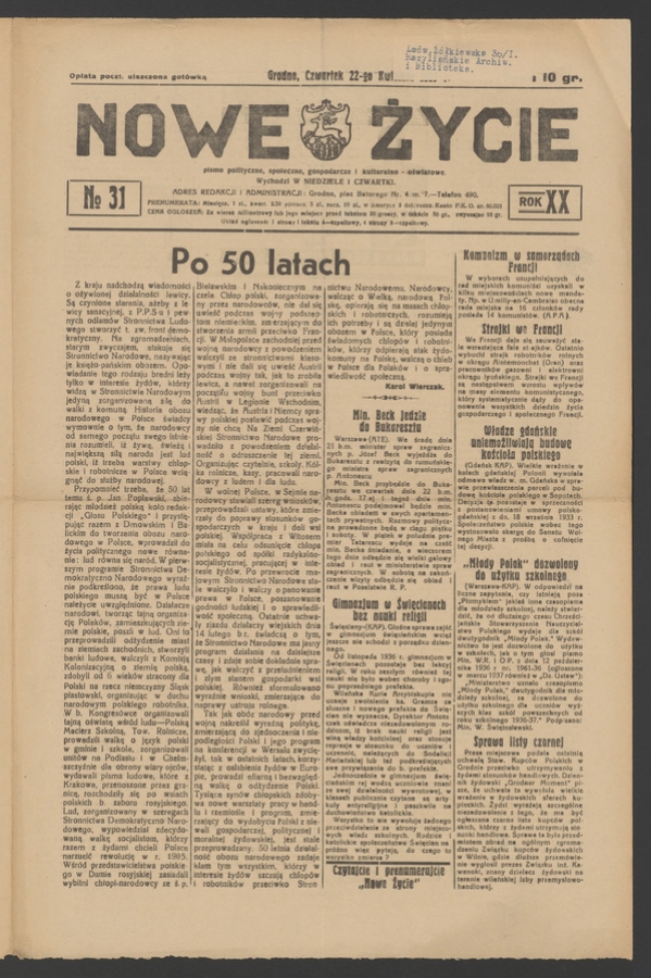 Nowe Życie&nbsp;: pismo polityczne, społeczne, gospodarcze i&nbsp;kulturalno-oświatowe. Rok&nbsp;20, 1937, numero&nbsp;31