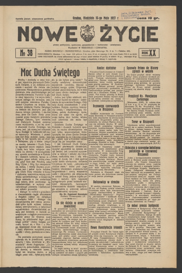 Nowe Życie&nbsp;: pismo polityczne, społeczne, gospodarcze i&nbsp;kulturalno-oświatowe. Rok&nbsp;20, 1937, numero&nbsp;38