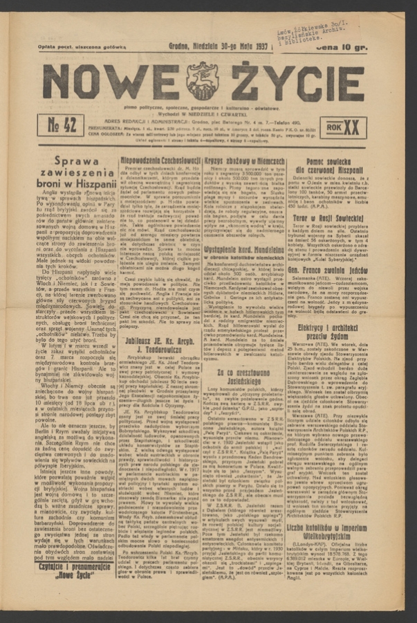 Nowe Życie&nbsp;: pismo polityczne, społeczne, gospodarcze i&nbsp;kulturalno-oświatowe. Rok&nbsp;20, 1937, numero&nbsp;42