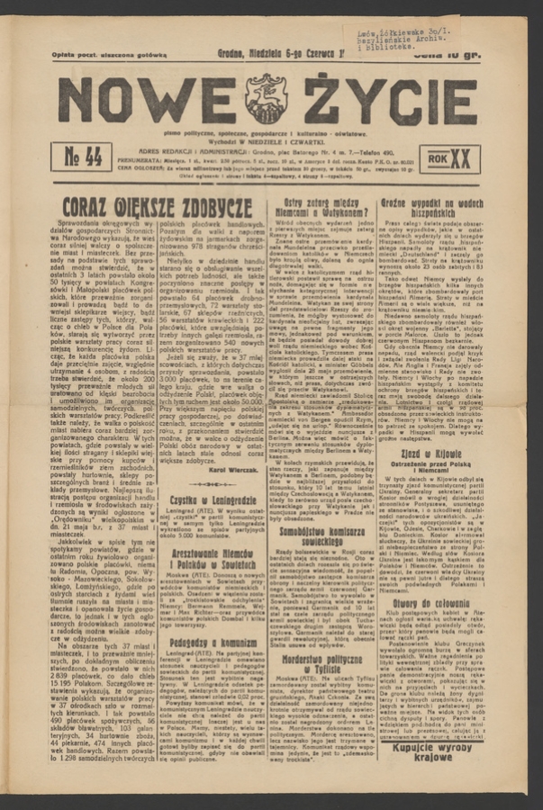Nowe Życie&nbsp;: pismo polityczne, społeczne, gospodarcze i&nbsp;kulturalno-oświatowe. Rok&nbsp;20, 1937, numero&nbsp;44