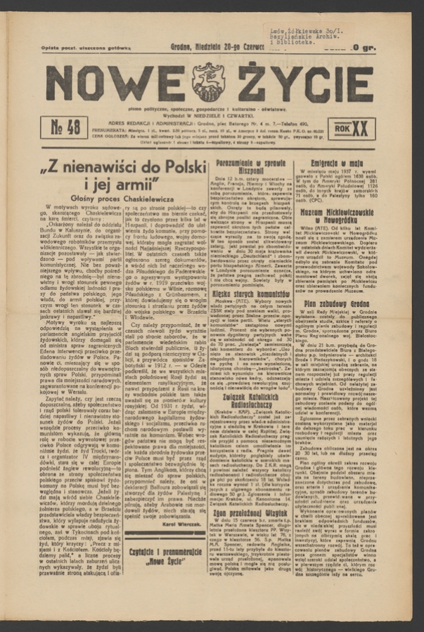 Nowe Życie&nbsp;: pismo polityczne, społeczne, gospodarcze i&nbsp;kulturalno-oświatowe. Rok&nbsp;20, 1937, numero&nbsp;48