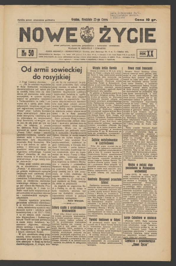 Nowe Życie&nbsp;: pismo polityczne, społeczne, gospodarcze i&nbsp;kulturalno-oświatowe. Rok&nbsp;20, 1937, numero&nbsp;50
