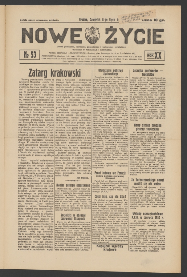 Nowe Życie&nbsp;: pismo polityczne, społeczne, gospodarcze i&nbsp;kulturalno-oświatowe. Rok&nbsp;20, 1937, numero&nbsp;53