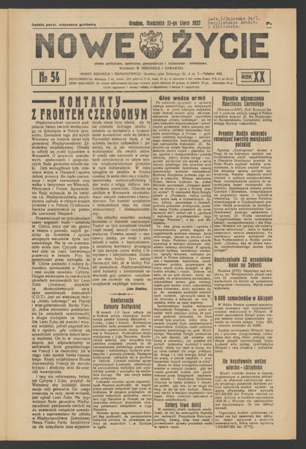 Nowe Życie&nbsp;: pismo polityczne, społeczne, gospodarcze i&nbsp;kulturalno-oświatowe. Rok&nbsp;20, 1937, numero&nbsp;54