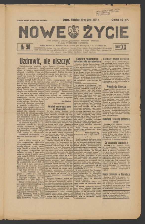Nowe Życie&nbsp;: pismo polityczne, społeczne, gospodarcze i&nbsp;kulturalno-oświatowe. Rok&nbsp;20, 1937, numero&nbsp;56