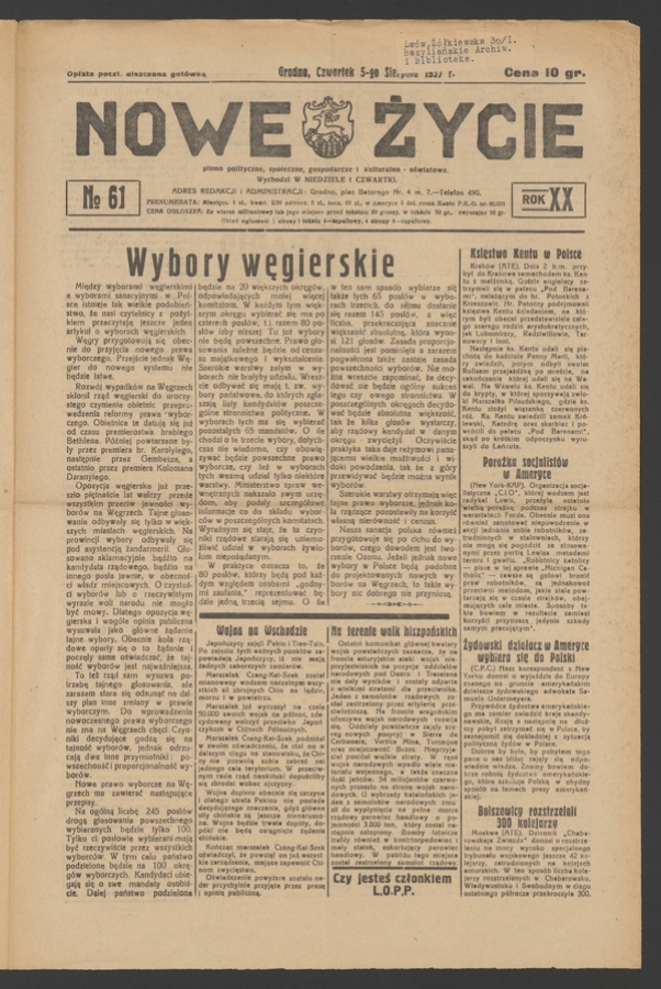 Nowe Życie&nbsp;: pismo polityczne, społeczne, gospodarcze i&nbsp;kulturalno-oświatowe. Rok&nbsp;20, 1937, numero&nbsp;61