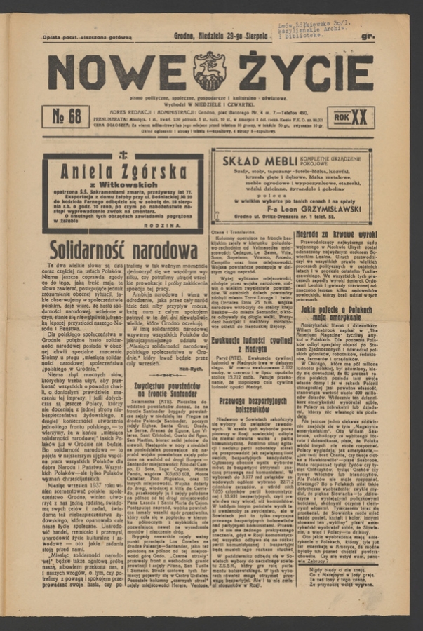 Nowe Życie&nbsp;: pismo polityczne, społeczne, gospodarcze i&nbsp;kulturalno-oświatowe. Rok&nbsp;20, 1937, numero&nbsp;68