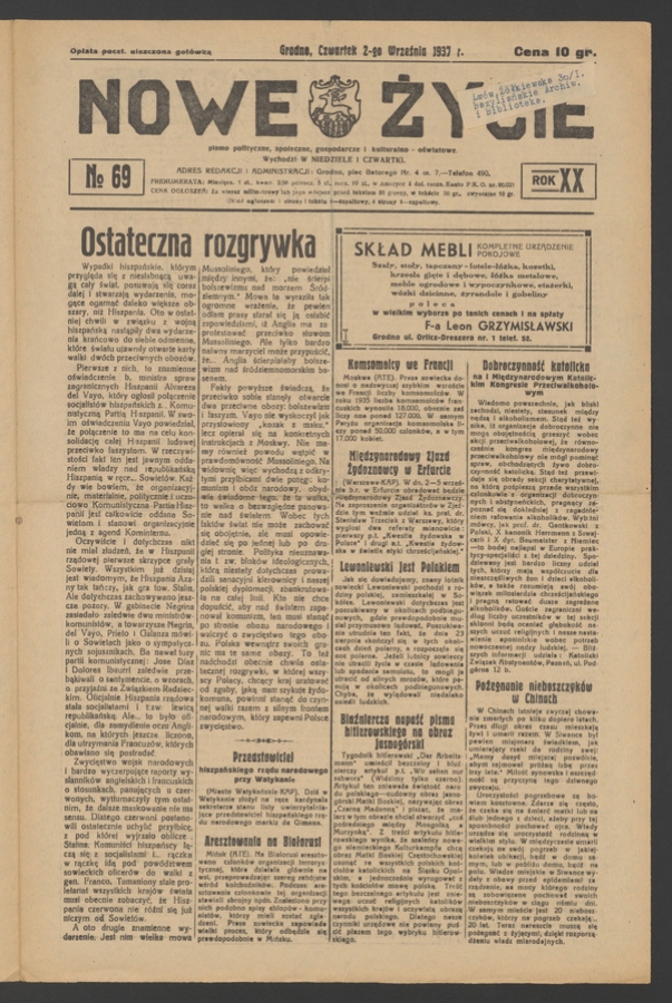Nowe Życie&nbsp;: pismo polityczne, społeczne, gospodarcze i&nbsp;kulturalno-oświatowe. Rok&nbsp;20, 1937, numero&nbsp;69