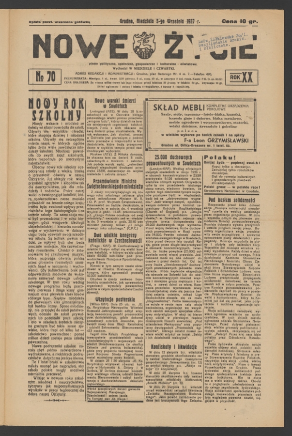 Nowe Życie&nbsp;: pismo polityczne, społeczne, gospodarcze i&nbsp;kulturalno-oświatowe. Rok&nbsp;20, 1937, numero&nbsp;70
