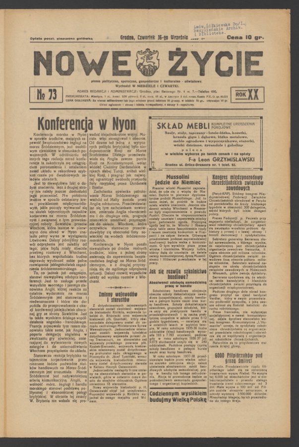 Nowe Życie&nbsp;: pismo polityczne, społeczne, gospodarcze i&nbsp;kulturalno-oświatowe. Rok&nbsp;20, 1937, numero&nbsp;73