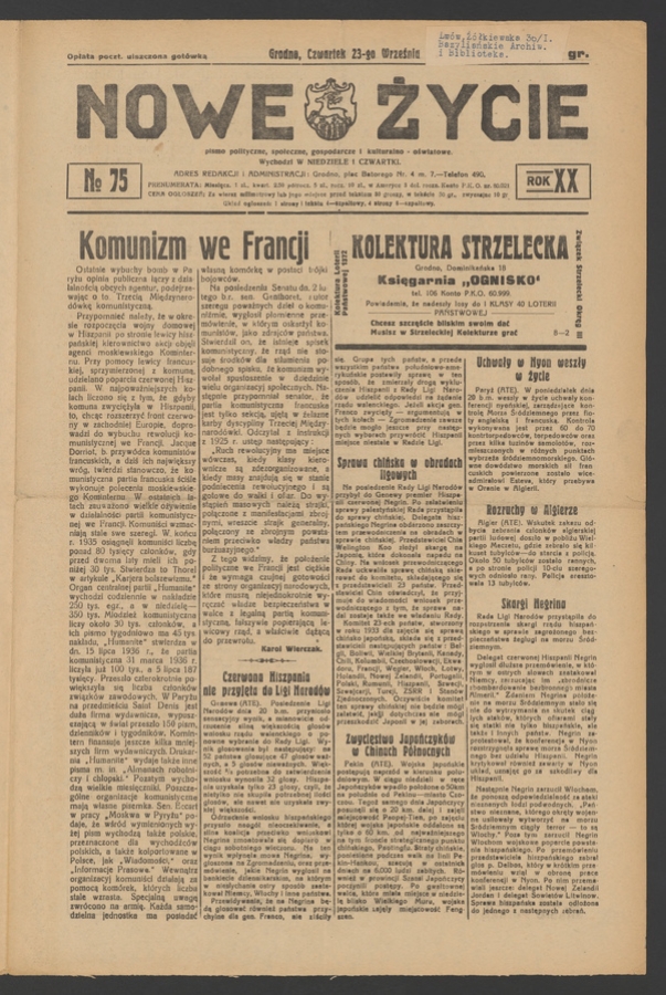 Nowe Życie&nbsp;: pismo polityczne, społeczne, gospodarcze i&nbsp;kulturalno-oświatowe. Rok&nbsp;20, 1937, numero&nbsp;75