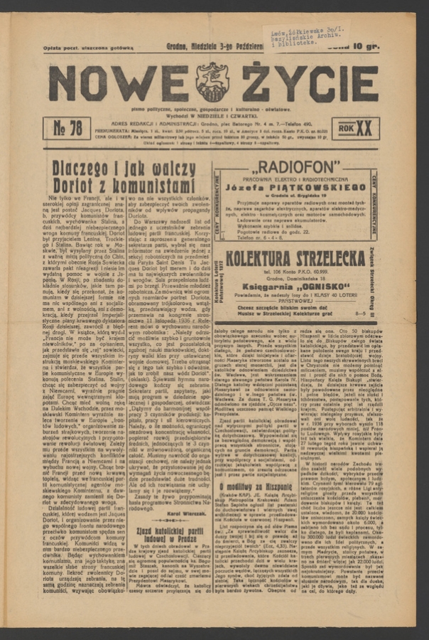 Nowe Życie&nbsp;: pismo polityczne, społeczne, gospodarcze i&nbsp;kulturalno-oświatowe. Rok&nbsp;20, 1937, numero&nbsp;78