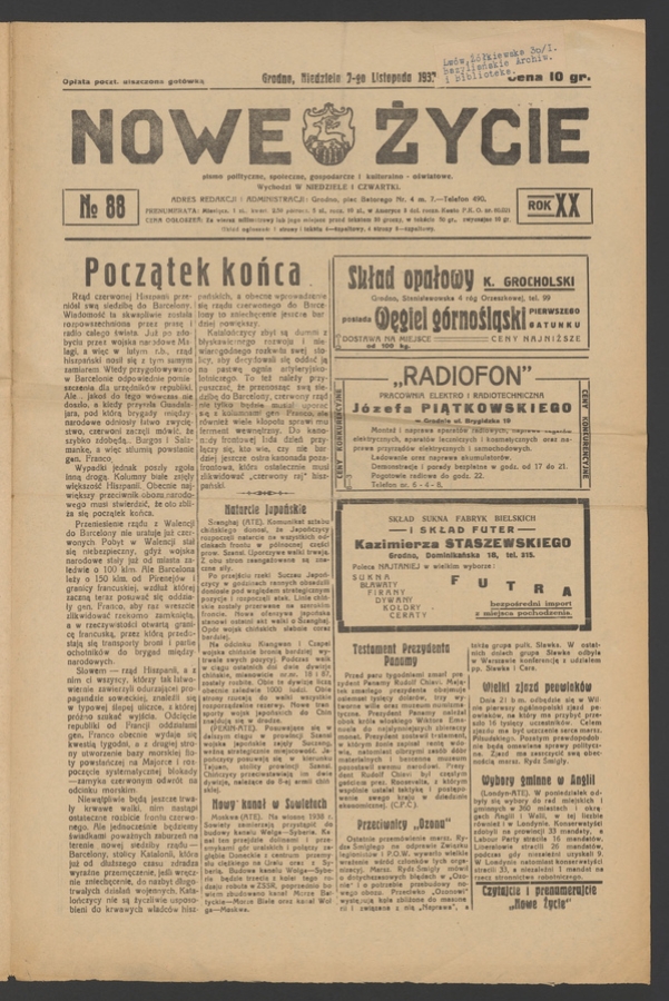 Nowe Życie&nbsp;: pismo polityczne, społeczne, gospodarcze i&nbsp;kulturalno-oświatowe. Rok&nbsp;20, 1937, numero&nbsp;88