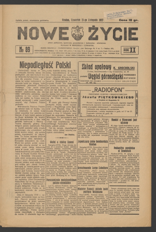 Nowe Życie&nbsp;: pismo polityczne, społeczne, gospodarcze i&nbsp;kulturalno-oświatowe. Rok&nbsp;20, 1937, numero&nbsp;89