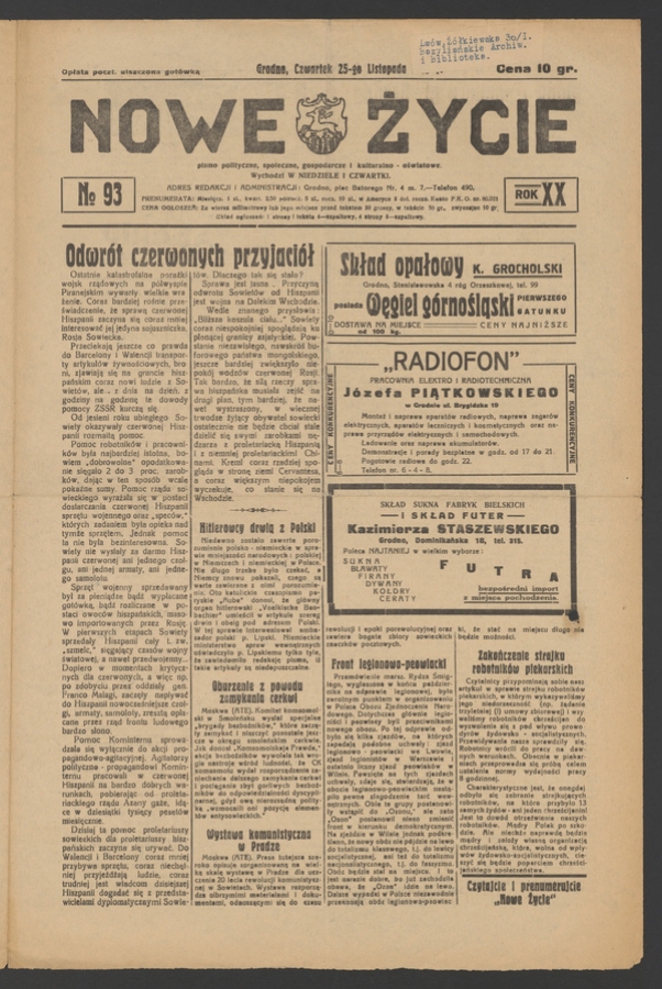 Nowe Życie&nbsp;: pismo polityczne, społeczne, gospodarcze i&nbsp;kulturalno-oświatowe. Rok&nbsp;20, 1937, numero&nbsp;93