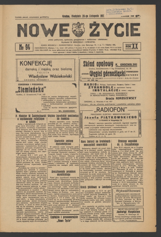 Nowe Życie&nbsp;: pismo polityczne, społeczne, gospodarcze i&nbsp;kulturalno-oświatowe. Rok&nbsp;20, 1937, numero&nbsp;94