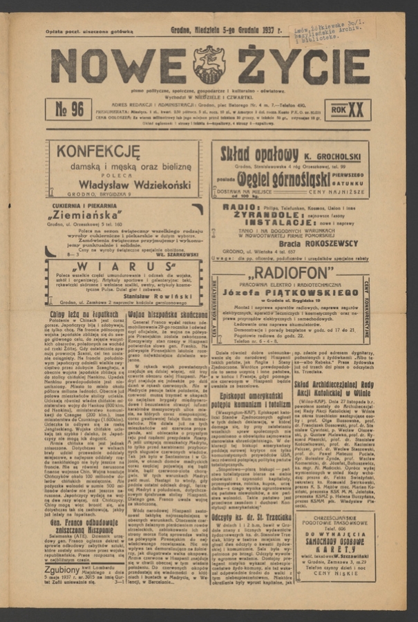 Nowe Życie&nbsp;: pismo polityczne, społeczne, gospodarcze i&nbsp;kulturalno-oświatowe. Rok&nbsp;20, 1937, numero&nbsp;96