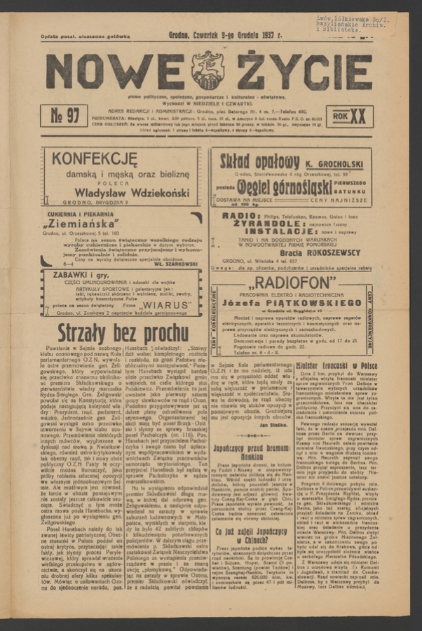 Nowe Życie&nbsp;: pismo polityczne, społeczne, gospodarcze i&nbsp;kulturalno-oświatowe. Rok&nbsp;20, 1937, numero&nbsp;97
