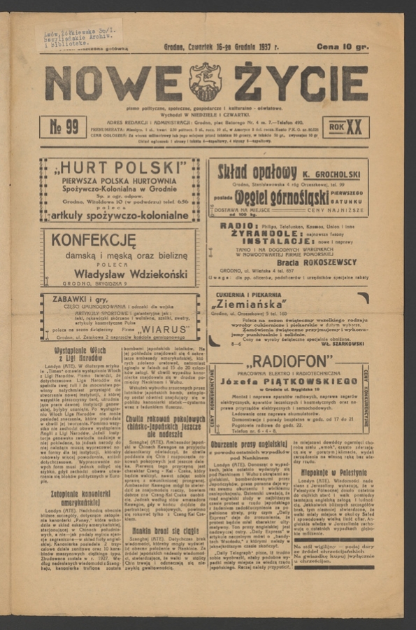Nowe Życie&nbsp;: pismo polityczne, społeczne, gospodarcze i&nbsp;kulturalno-oświatowe. Rok&nbsp;20, 1937, numero&nbsp;99