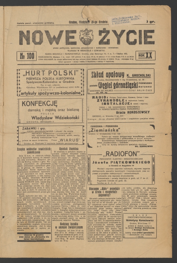 Nowe Życie&nbsp;: pismo polityczne, społeczne, gospodarcze i&nbsp;kulturalno-oświatowe. Rok&nbsp;20, 1937, numero&nbsp;100