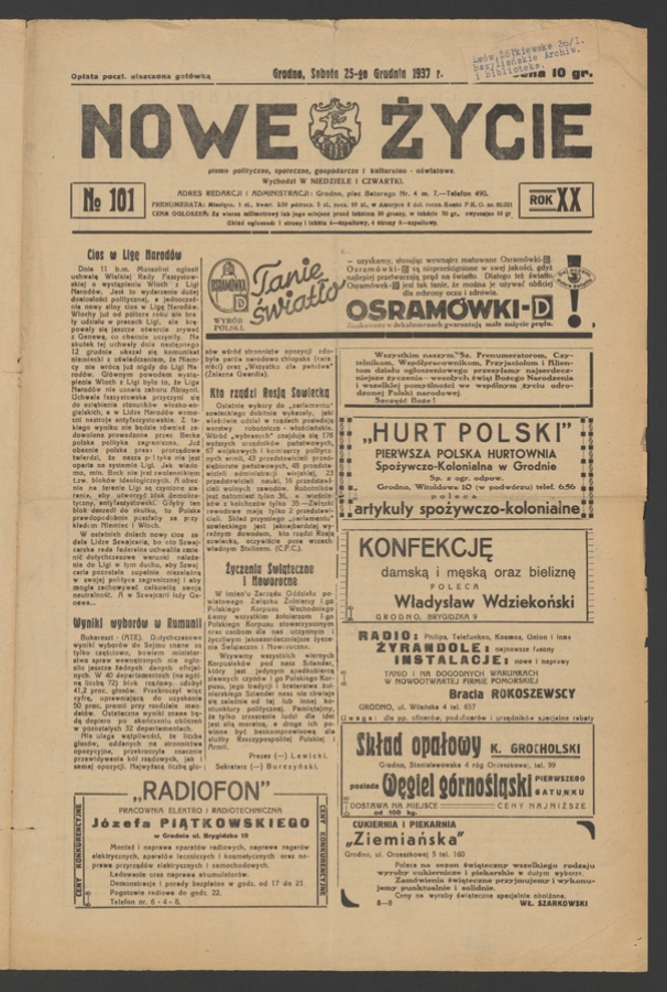 Nowe Życie&nbsp;: pismo polityczne, społeczne, gospodarcze i&nbsp;kulturalno-oświatowe. Rok&nbsp;20, 1937, numero&nbsp;101