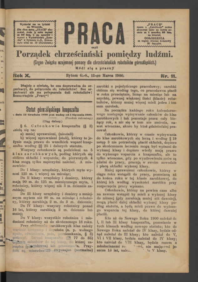 Praca,&nbsp;Czyli Porządek Chrześciański Pomiędzy Ludźmi&nbsp;: organ Związku Wzajemnej Pomocy dla&nbsp;Chrześciańskich Robotnik&oacute;w G&oacute;rnośląskich. Rok&nbsp;10, 1900, numer&nbsp;11