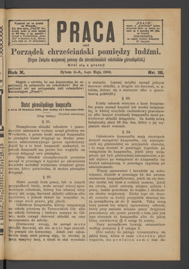 Praca,&nbsp;Czyli Porządek Chrześciański Pomiędzy Ludźmi&nbsp;: organ Związku Wzajemnej Pomocy dla&nbsp;Chrześciańskich Robotnik&oacute;w G&oacute;rnośląskich. Rok&nbsp;10, 1900, numer&nbsp;18