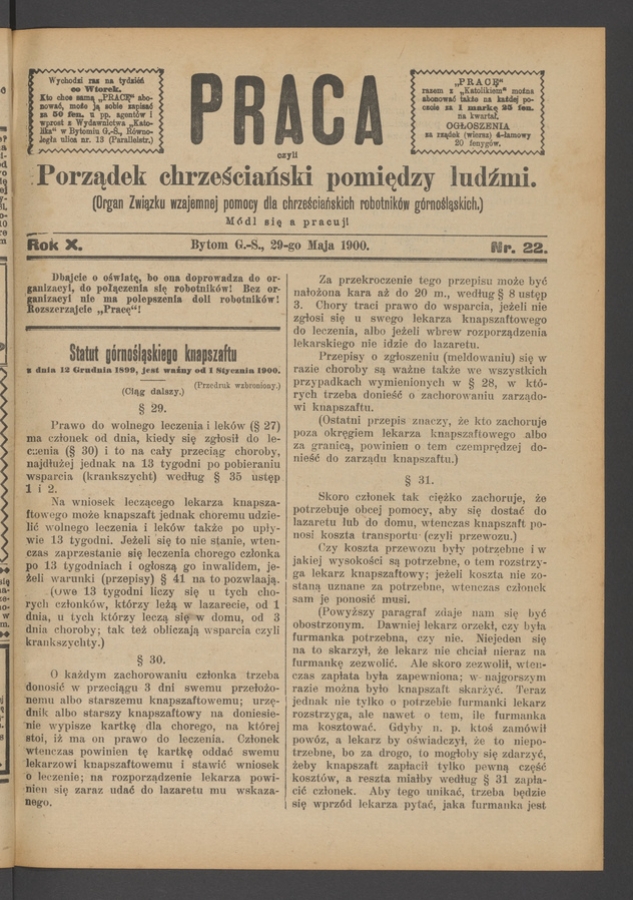 Praca,&nbsp;Czyli Porządek Chrześciański Pomiędzy Ludźmi&nbsp;: organ Związku Wzajemnej Pomocy dla&nbsp;Chrześciańskich Robotnik&oacute;w G&oacute;rnośląskich. Rok&nbsp;10, 1900, numer&nbsp;22