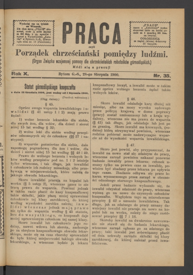 Praca,&nbsp;Czyli Porządek Chrześciański Pomiędzy Ludźmi&nbsp;: organ Związku Wzajemnej Pomocy dla&nbsp;Chrześciańskich Robotnik&oacute;w G&oacute;rnośląskich. Rok&nbsp;10, 1900, numer&nbsp;35