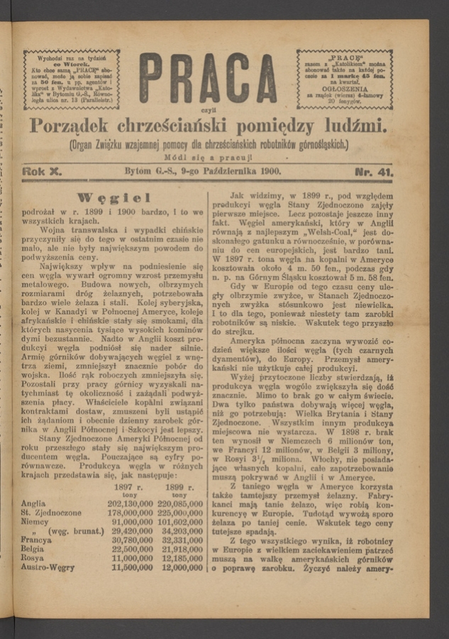 Praca,&nbsp;Czyli Porządek Chrześciański Pomiędzy Ludźmi&nbsp;: organ Związku Wzajemnej Pomocy dla&nbsp;Chrześciańskich Robotnik&oacute;w G&oacute;rnośląskich. Rok&nbsp;10, 1900, numer&nbsp;41