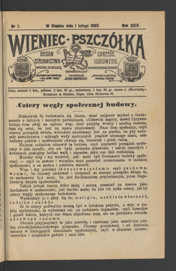 Wieniec-Pszcz&oacute;łka&nbsp;: organ Stronnictwa Chrześcijańsko-Ludowego. Rok&nbsp;29, 1903, numer&nbsp;5