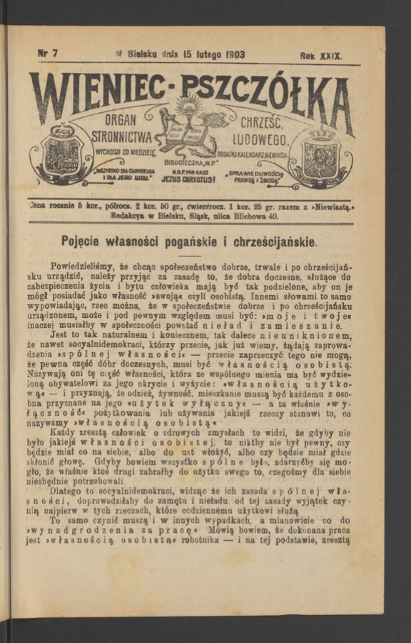 Wieniec-Pszcz&oacute;łka&nbsp;: organ Stronnictwa Chrześcijańsko-Ludowego. Rok&nbsp;29, 1903, numer&nbsp;7