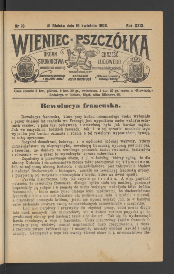 Wieniec-Pszcz&oacute;łka&nbsp;: organ Stronnictwa Chrześcijańsko-Ludowego. Rok&nbsp;29, 1903, numer&nbsp;16