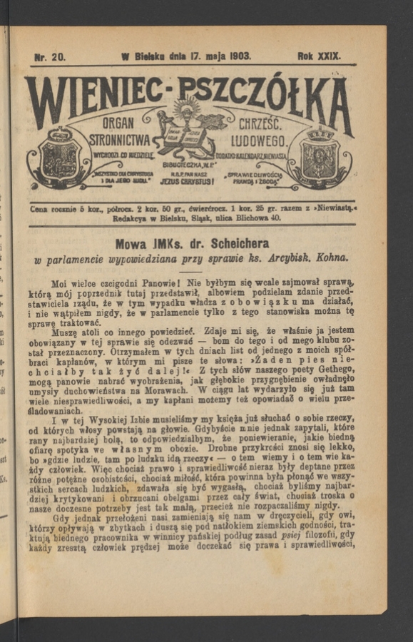 Wieniec-Pszcz&oacute;łka&nbsp;: organ Stronnictwa Chrześcijańsko-Ludowego. Rok&nbsp;29, 1903, numer&nbsp;20