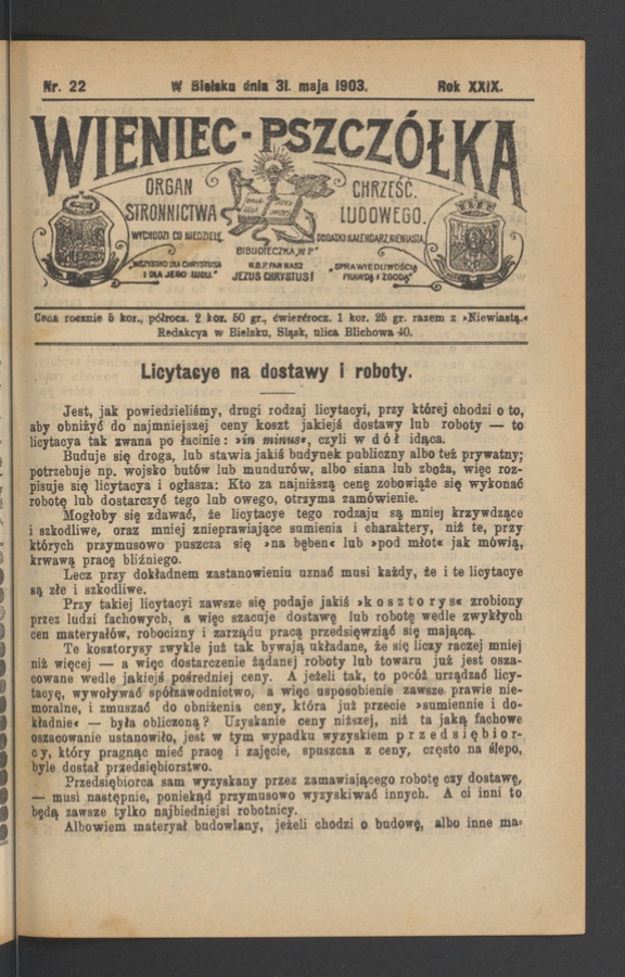 Wieniec-Pszcz&oacute;łka&nbsp;: organ Stronnictwa Chrześcijańsko-Ludowego. Rok&nbsp;29, 1903, numer&nbsp;22