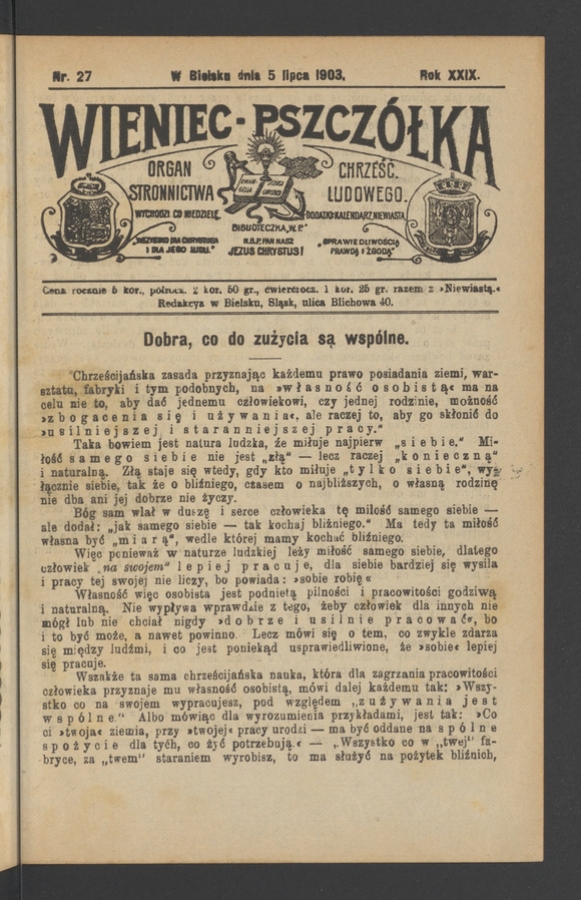 Wieniec-Pszcz&oacute;łka&nbsp;: organ Stronnictwa Chrześcijańsko-Ludowego. Rok&nbsp;29, 1903, numer&nbsp;27