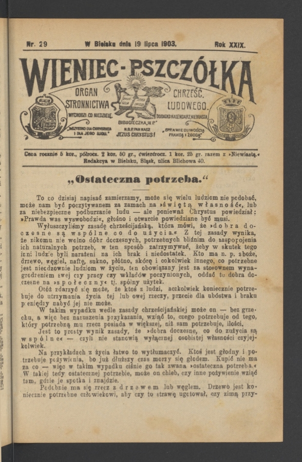 Wieniec-Pszcz&oacute;łka&nbsp;: organ Stronnictwa Chrześcijańsko-Ludowego. Rok&nbsp;29, 1903, numer&nbsp;29