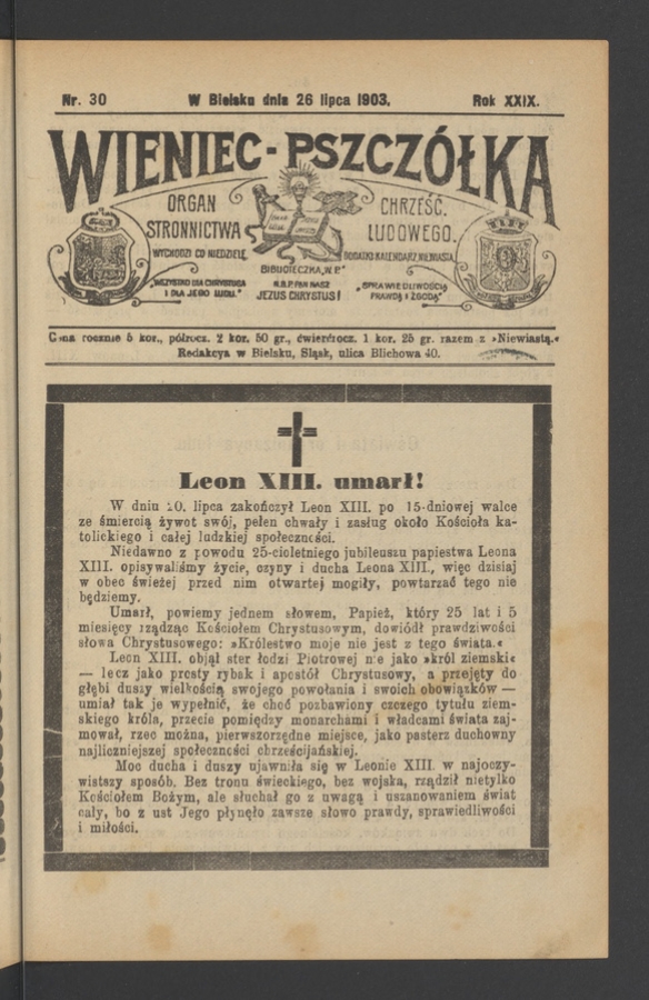 Wieniec-Pszcz&oacute;łka&nbsp;: organ Stronnictwa Chrześcijańsko-Ludowego. Rok&nbsp;29, 1903, numer&nbsp;30
