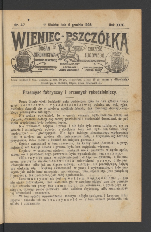 Wieniec-Pszcz&oacute;łka&nbsp;: organ Stronnictwa Chrześcijańsko-Ludowego. Rok&nbsp;29, 1903, numer&nbsp;47