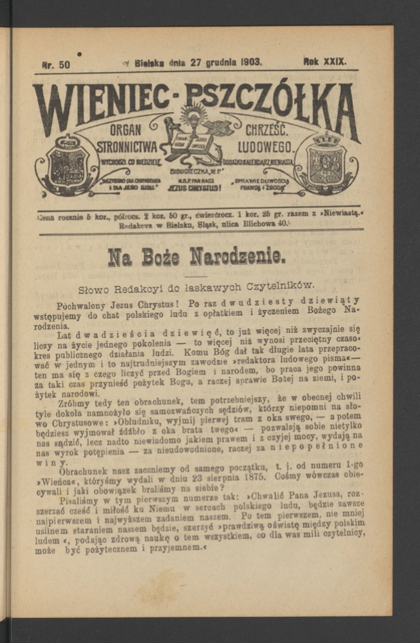 Wieniec-Pszcz&oacute;łka&nbsp;: organ Stronnictwa Chrześcijańsko-Ludowego. Rok&nbsp;29, 1903, numer&nbsp;50