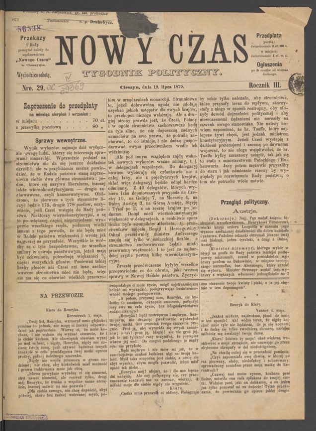 Nowy Czas&nbsp;: tygodnik polityczny. Rocznik&nbsp;3, 1879, numero&nbsp;29