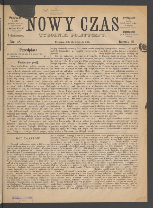 Nowy Czas&nbsp;: tygodnik polityczny. Rocznik&nbsp;3, 1879, numero&nbsp;48