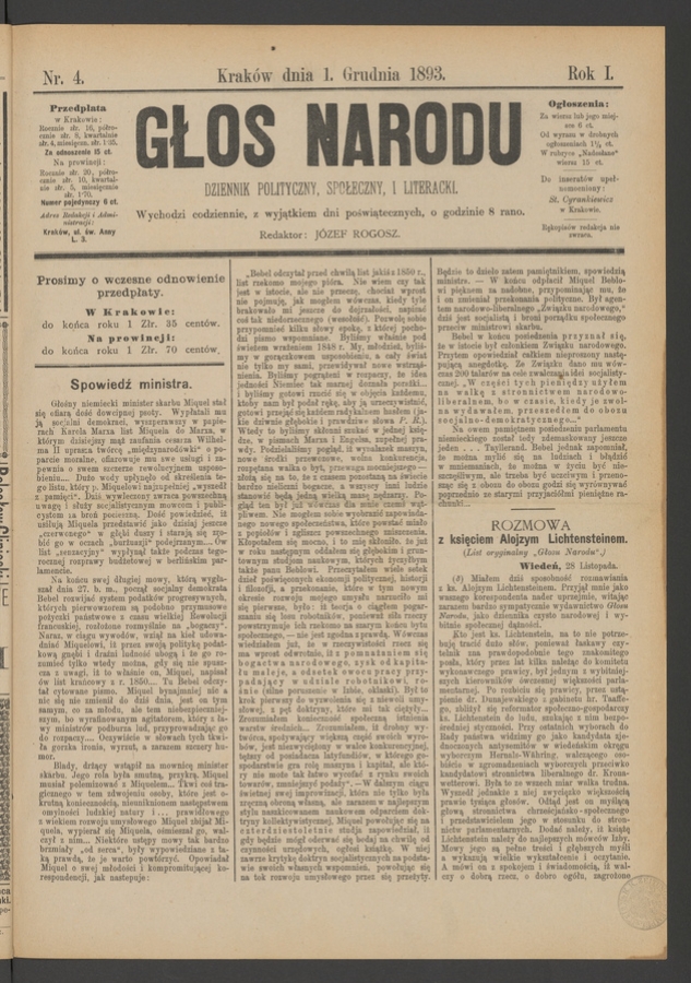 Głos Narodu&nbsp;: dziennik polityczny, społeczny i&nbsp;literacki. Rok&nbsp;1, 1893, numer&nbsp;4