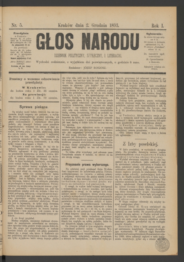 Głos Narodu&nbsp;: dziennik polityczny, społeczny i&nbsp;literacki. Rok&nbsp;1, 1893, numer&nbsp;5